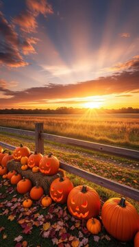Autumnal sunset over a fence adorned with carved pumpkins and fallen leaves, evoking a festive Halloween spirit