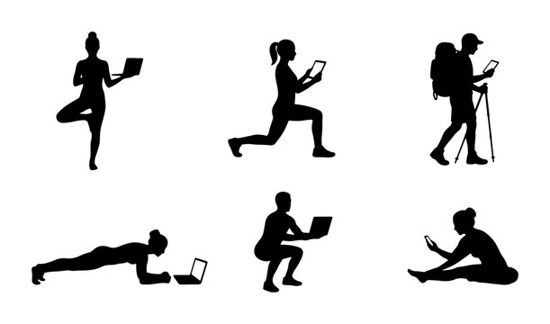 Active Lifestyle Silhouettes: Fitness, Yoga, Hiking with Technology