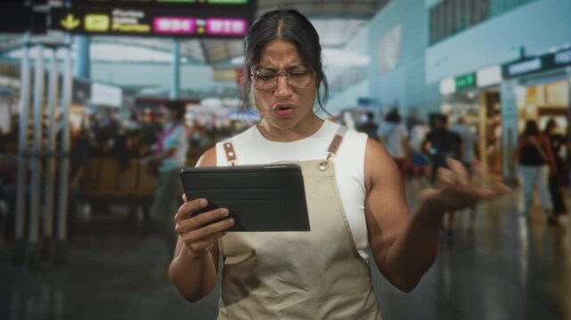 Woman in apron reading tablet, right hand raised in questioning gesture at airport; confusion travel stress.
