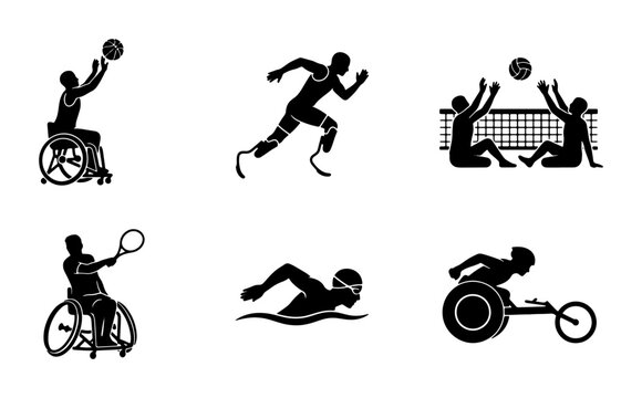 Paralympic Sports Icons Set: Wheelchair Tennis, Swimming, Volleyball, Running