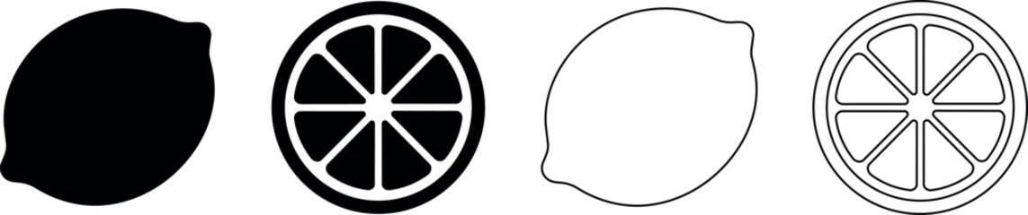 Obraz premium Set of black and white lemon icons, whole and sliced, simple vector graphics
