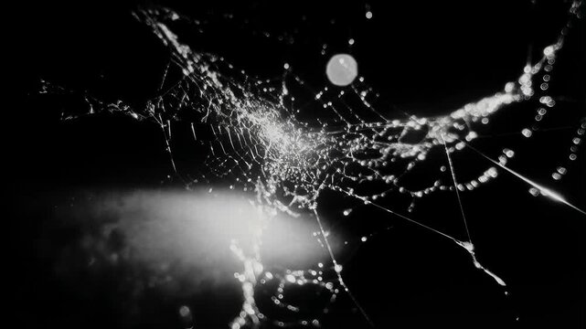 Intricate spider web glistening with dew drops in dramatic black and white lighting. Macro view of a delicate spiderweb covered in water droplets, illuminated by a soft light