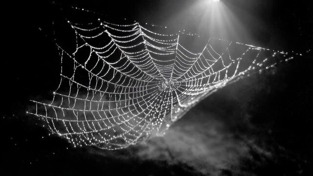 Sparkling spider web with dew drops illuminated by dramatic light beams. A detailed close-up of a delicate spider web covered in glistening water droplets