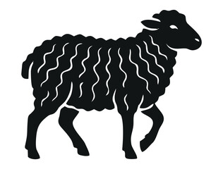 Black silhouette image of a sheep with wavy wool stripes standing on a plain white background © Atudiba