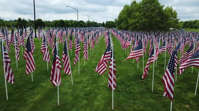 Drone shot of field of American flags in field in Westerville, Ohio