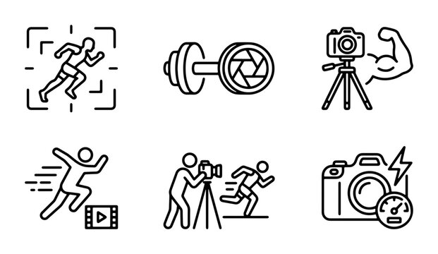 Fitness Photography Icons, Sports Camera Vector Graphics, Athlete Action Set
