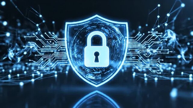 Digital security shield with glowing padlock icon protecting data in a dark blue futuristic network environment