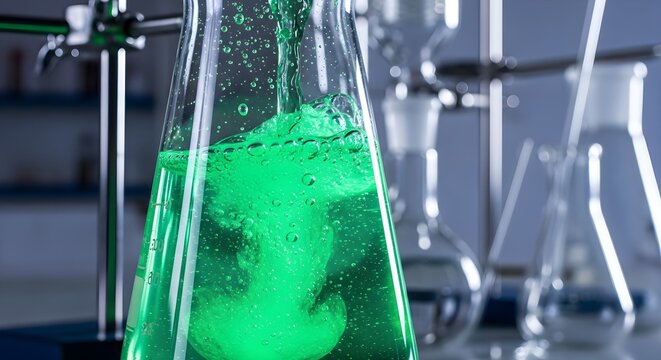 Vibrant green liquid swirling in a conical flask during a chemical experiment in a laboratory setting.