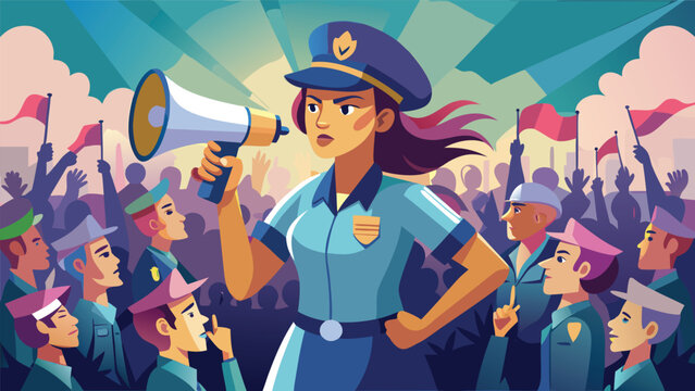 Female police officer leading crowd with megaphone during rally with vibrant sky background and diverse people