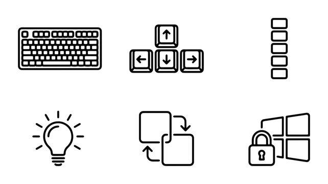 Computer Icons Set: Keyboard, Arrows, Lightbulb, Copy, Security, Progress Bar