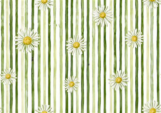 Watercolor Daisy Pattern with Green Vertical Stripes and Yellow Centers