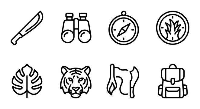Safari Adventure Icons: Jungle, Tiger, Compass, Backpack, Machete