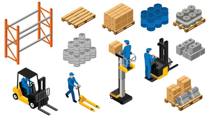 Isometric warehouse equipment and logistics scene on a white background © MD REZAUL KARIM