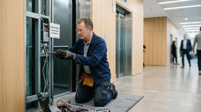 A maintenance worker repairs an elevator. He is kneeling on a gray mat, wearing work gloves and a blue shirt, and using tools to work on the elevator's control panel.