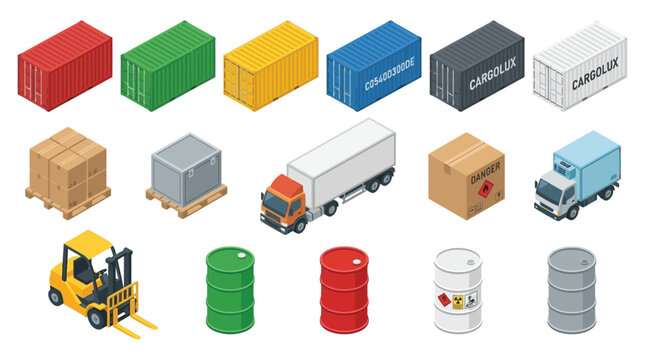 Isometric Cargo Containers Trucks And Barrels On White Background