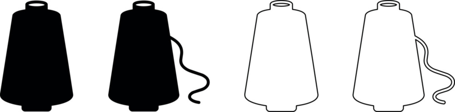 Set of black and white spool icons with thread for sewing and crafts