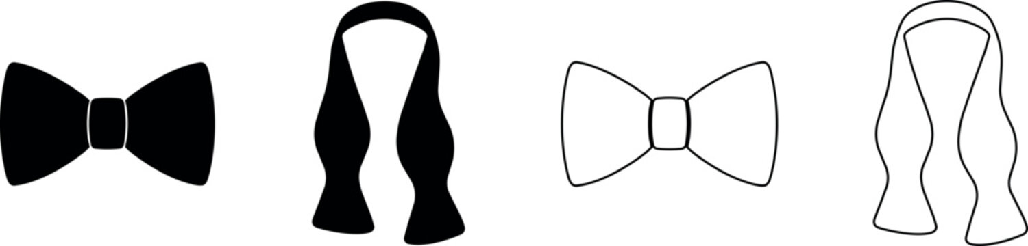 Collection of bow tie and ascot tie icons in solid black and outline styles
