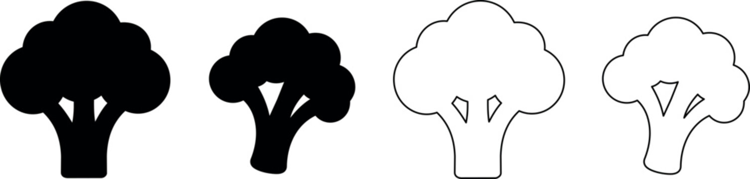 Set of four broccoli icons in solid black and outline styles
