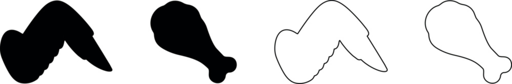 Set of stylized chicken wing and drumstick icons in black and white outlines