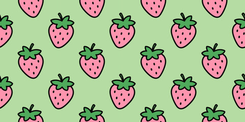 Cute strawberry seamless pattern with playful cartoon berries on a pink background. Perfect for fabric, wrapping paper, stationery, nursery decor and packaging. © Bodega