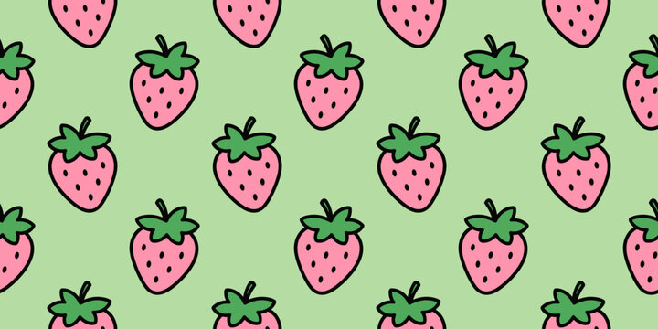 Cute strawberry seamless pattern with playful cartoon berries on a pink background. Perfect for fabric, wrapping paper, stationery, nursery decor and packaging.