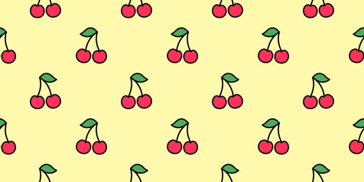 Cute cherry seamless pattern with bright fruit illustrations. Perfect for summer textiles, packaging and cheerful decor.