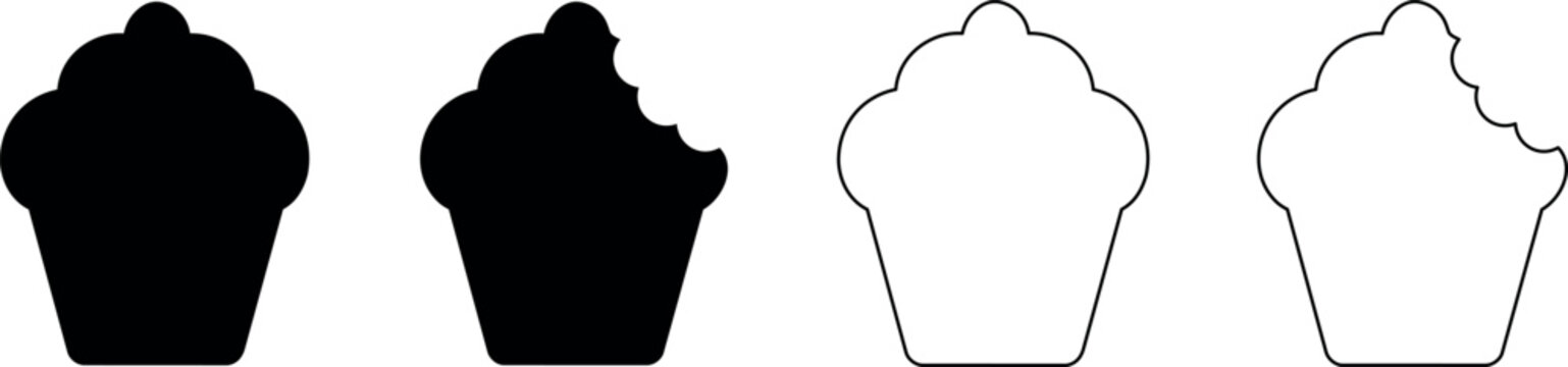 Set of cupcake icons, solid and outline, with and without bite marks