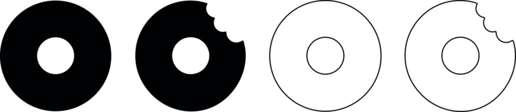 Set of four donut icons, two solid black and two outline, one bitten