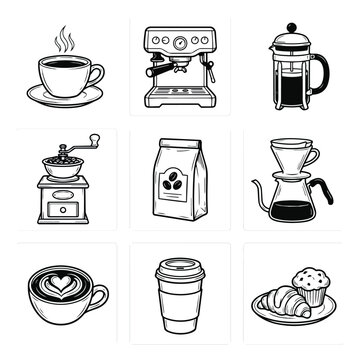 Collection of Coffee Making Equipment and Drinks.
