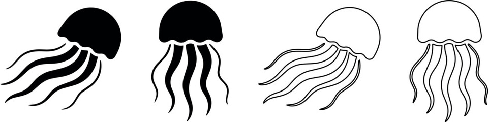 Set of stylized jellyfish icons in black and white outlines and solid fills © Santiago