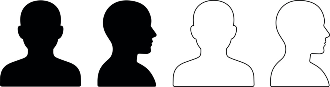 Set of human head silhouette icons in front and profile views, black and white