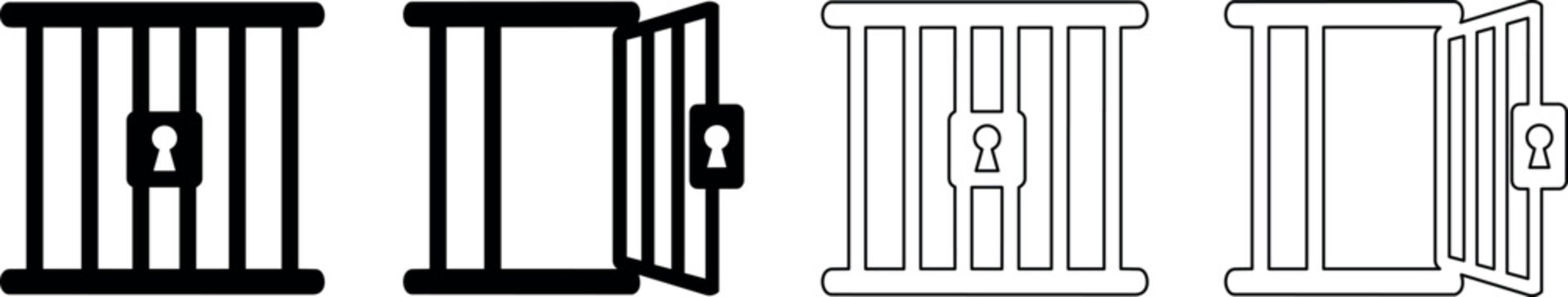 Set of jail cell icons with open and closed doors and keyhole