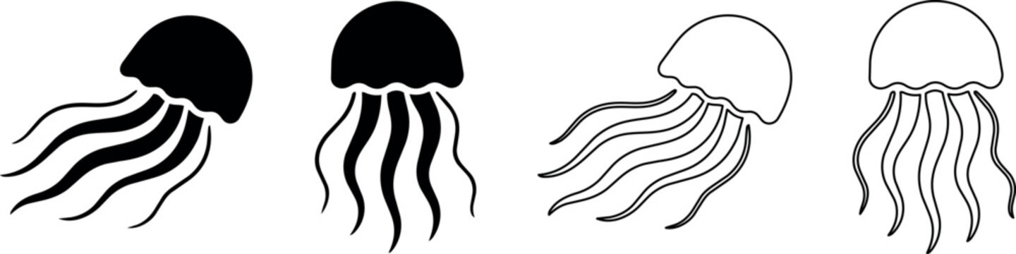 Set of stylized jellyfish icons in black and white outlines and solid fills