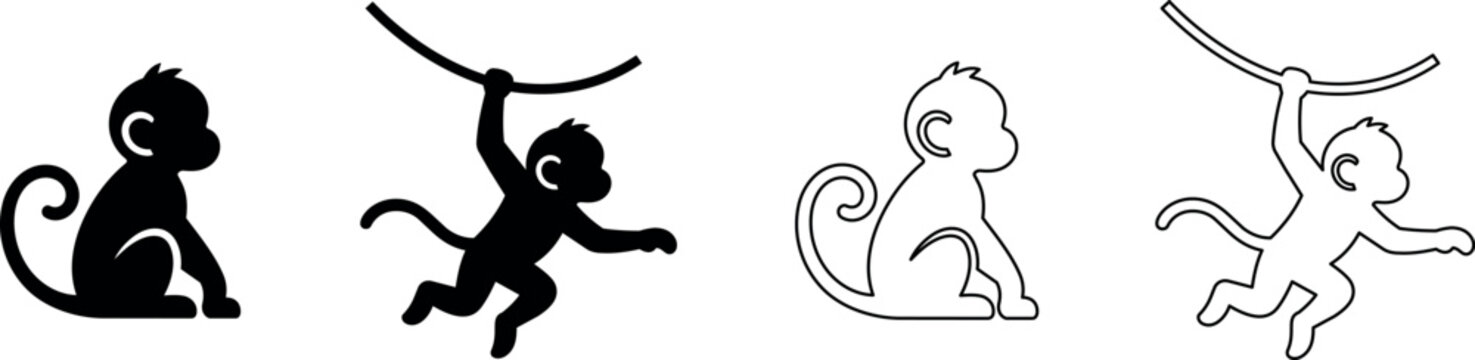 Set of stylized monkey icons in silhouette and outline for design