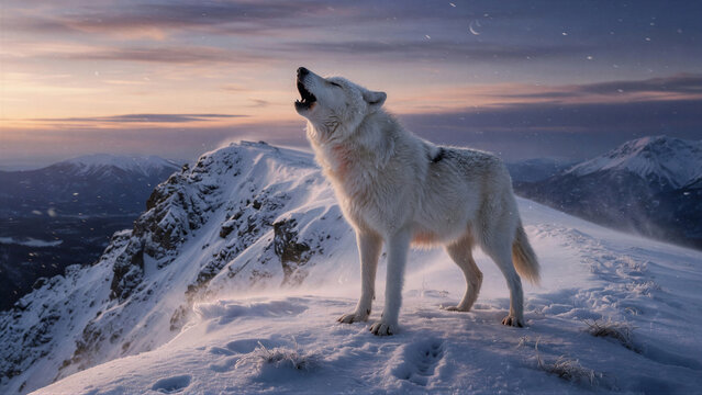 White wolf howling on snow covered mountain ridge at dusk