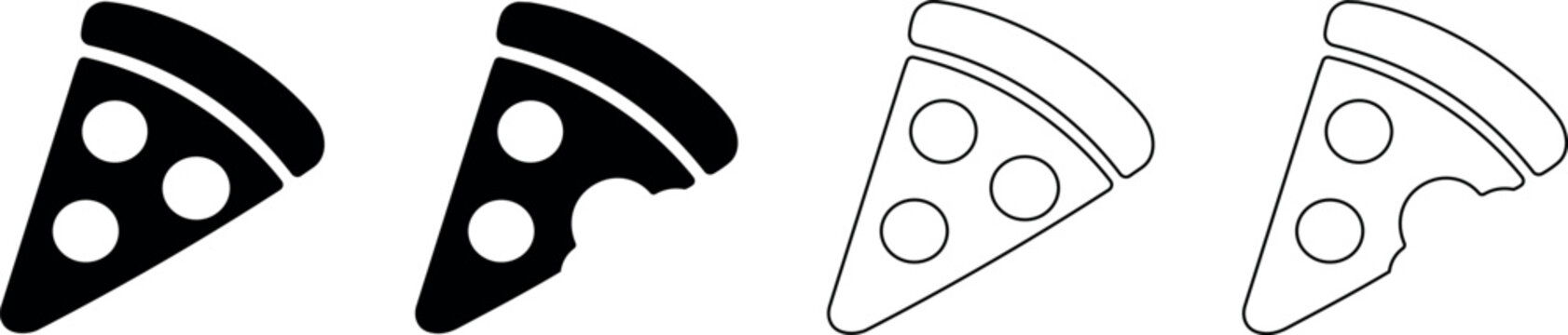 Set of pizza slice icons, solid and outline, with and without bite marks