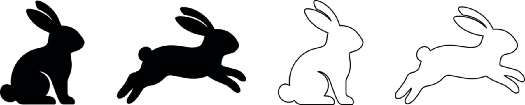 Set of four rabbit silhouettes, two solid black and two white outlines