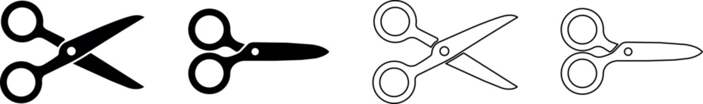 Collection of various scissors icons in black and white outlines and solid fills