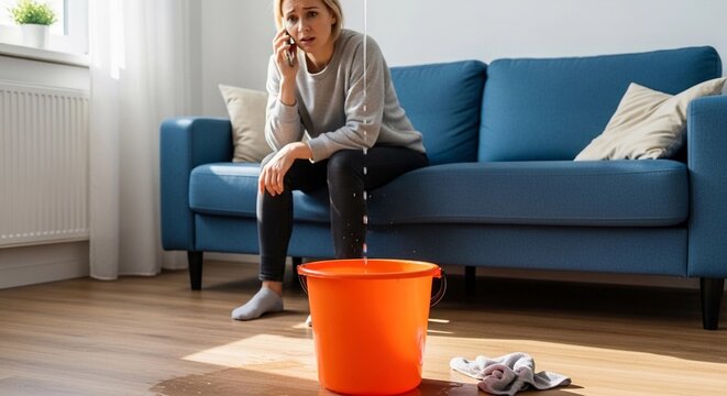 Concerned woman calling plumber because of ceiling water leak. House flooding incident with water dripping into bucket. Home damage crisis and maintenance emergency in living room apartment.