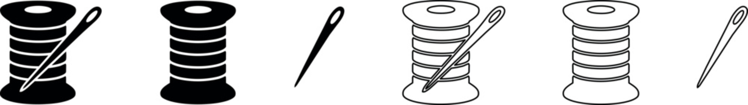 Set of sewing needle and thread spool icons in black and white outline styles