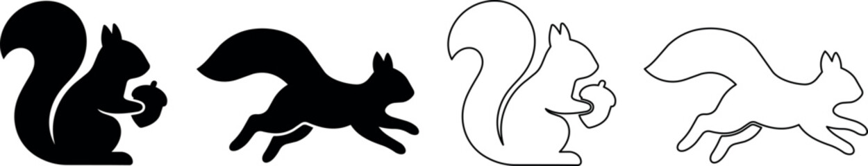 Set of stylized squirrel icons in black and white with acorns © Santiago