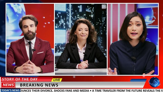 Expert show hosts and guest going live to debate actual world problems, talking about latest topics on international television program. Diverse people meeting on tv connection.