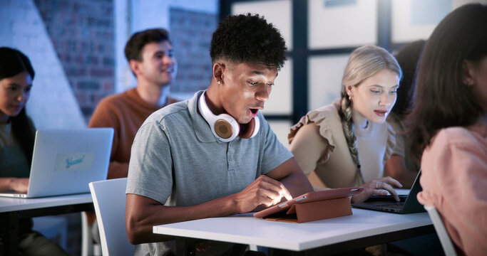 Student, man and surprise in college with tablet, education and test results notification for course. Person, shock and scroll in classroom with tech, email or announcement for university exam grade.