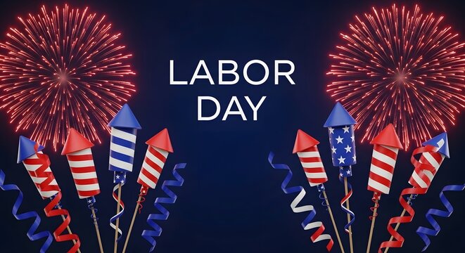 Labor day greeting card with patriotic fireworks and rocket decorations