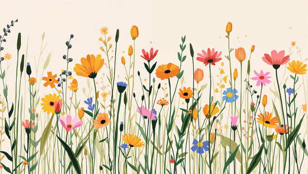 白や橙の野花と草を明るく並べた春向けの花柄素材