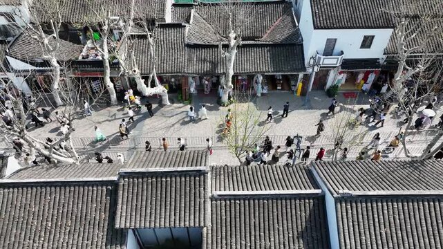 Aerial bird eye view of traditional streets and alleys in Jiangsu ancient town China