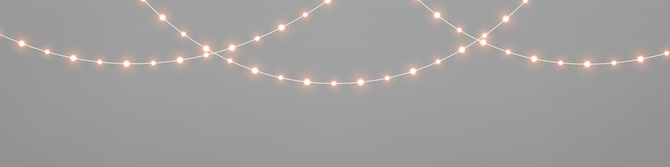 Christmas luminous string lights PNG. Red garland with glowing LED lamps and gold bulb decoration isolated on transparent background. Realistic Xmas design for poster. © ikril