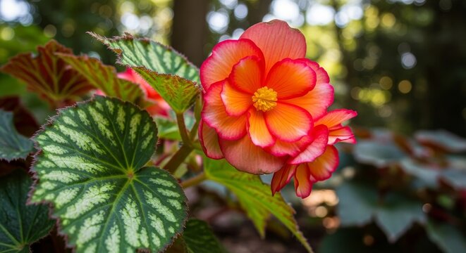 Vibrant Begonia Blossom with Intricate Leaf Patterns in Natural Light.