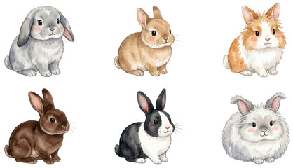 Fototapeta premium cute fluffy rabbits and bunnies of different breeds watercolor clipart set