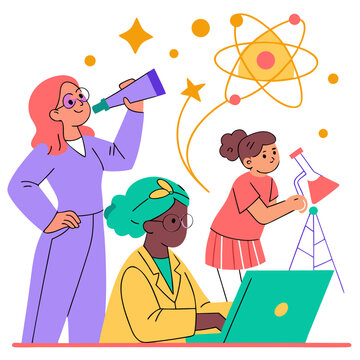 STEM education flat vector illustration, diverse women in science and technology, girls learning physics and chemistry in modern cartoon style